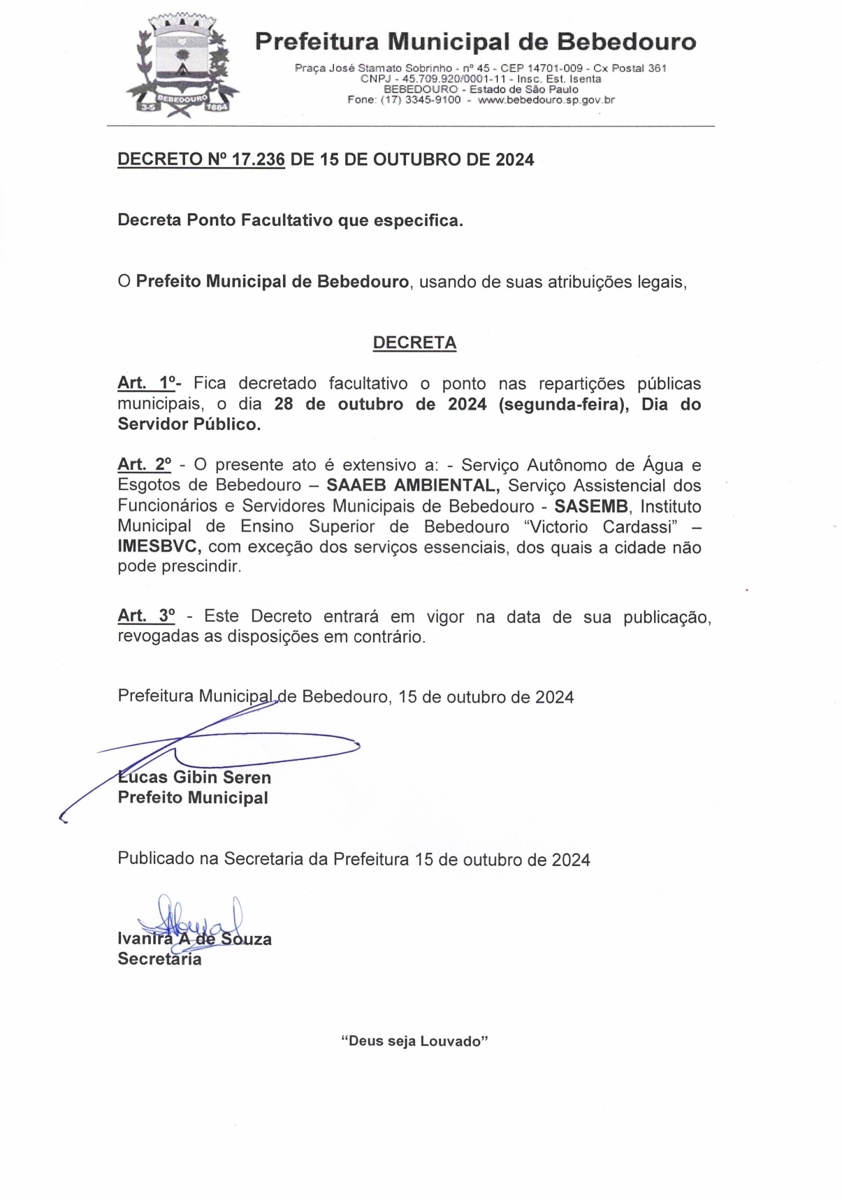 Bebedouro decreta ponto facultativo na próxima segunda (28), Dia do Servidor Público