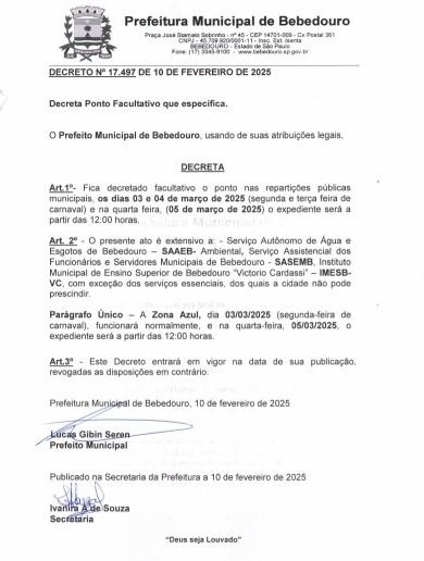 Decreto Municipal: Ponto facultativo e retorno das atividades