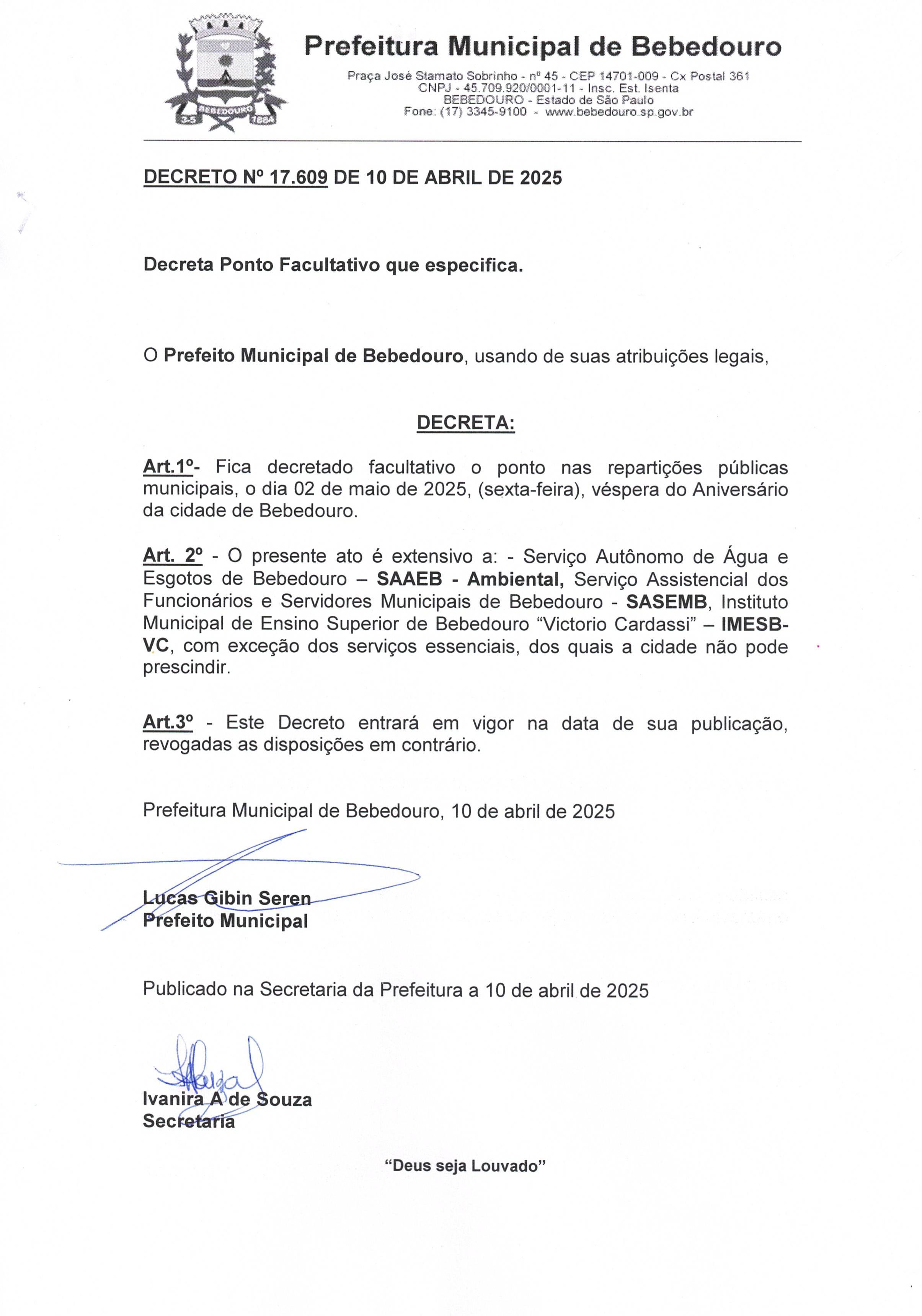 Ponto facultativo – 2 de maio, véspera do aniversário da cidade