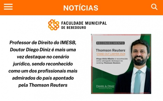 Professor de Direito do IMESB é mais uma vez destaque no cenário jurídico apontado pela Thomson Reuters