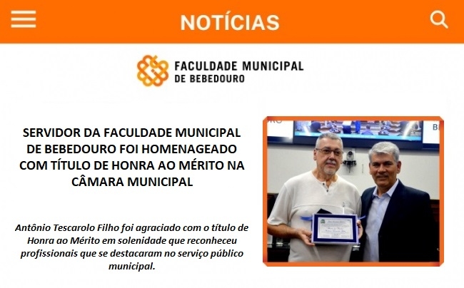 Servidor da Faculdade Municipal de Bebedouro é homenageado com título de Honra ao Mérito na Câmara Municipal