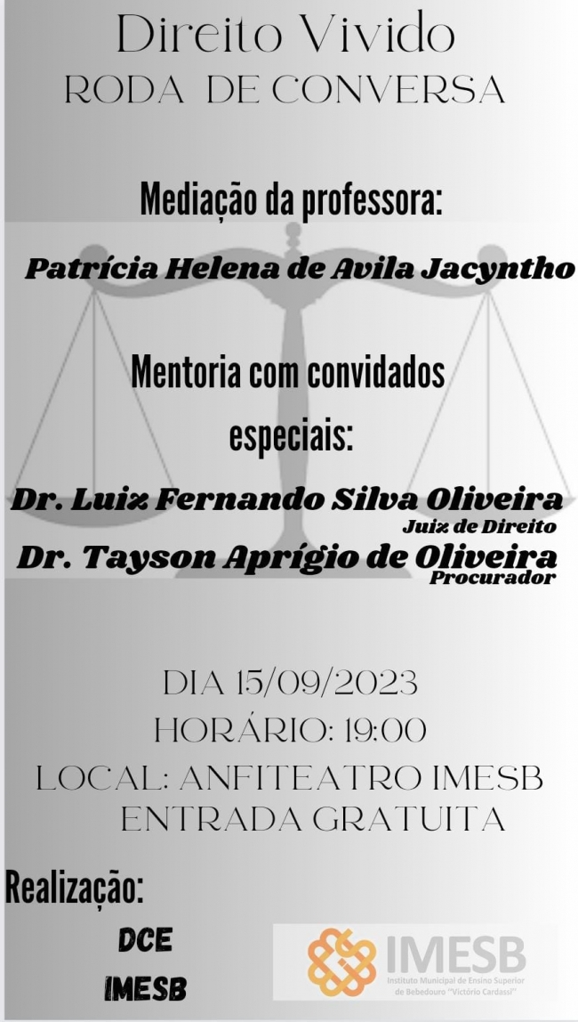 Curso de Direito realiza nesta sexta-feira (15) uma roda de conversa sobre ‘Direito vivido - mentoria profissional'