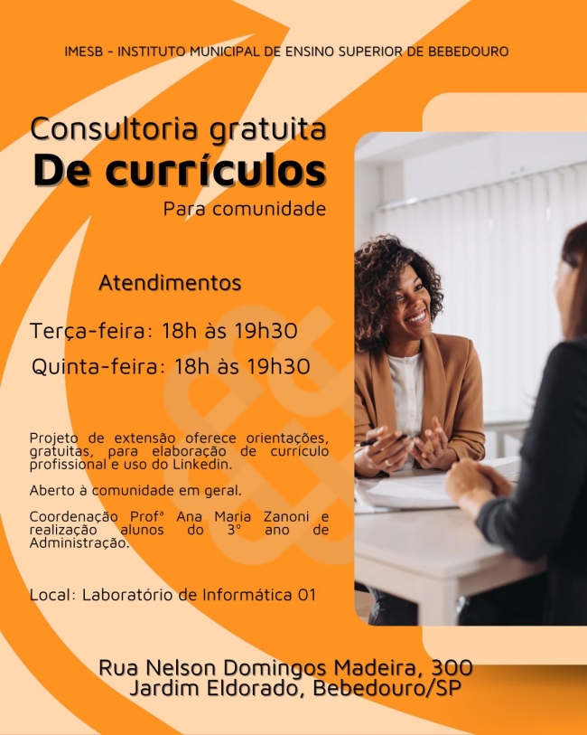 Faculdade Municipal de Bebedouro promove consultoria gratuita para desenvolvimento de currículos e perfis profissionais